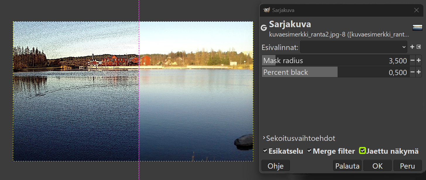 Esimerkkikuva suodatetusta, tehostetusta rantavalokuvasta jaetussa näkymässä. Esimerkkikuva suodatetusta, tehostetusta rantavalokuvasta jaetussa näkymässä.