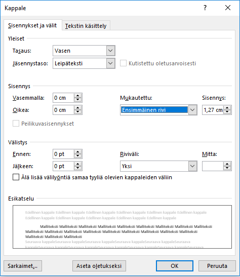 Toinen kappaleen valintaikkunoista