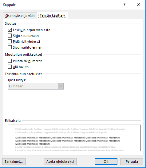 Toinen kappaleen valintaikkunoista