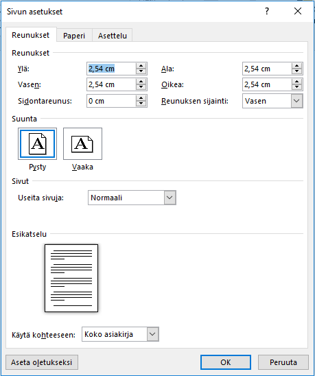 Sivun asetusten valintaikkuna