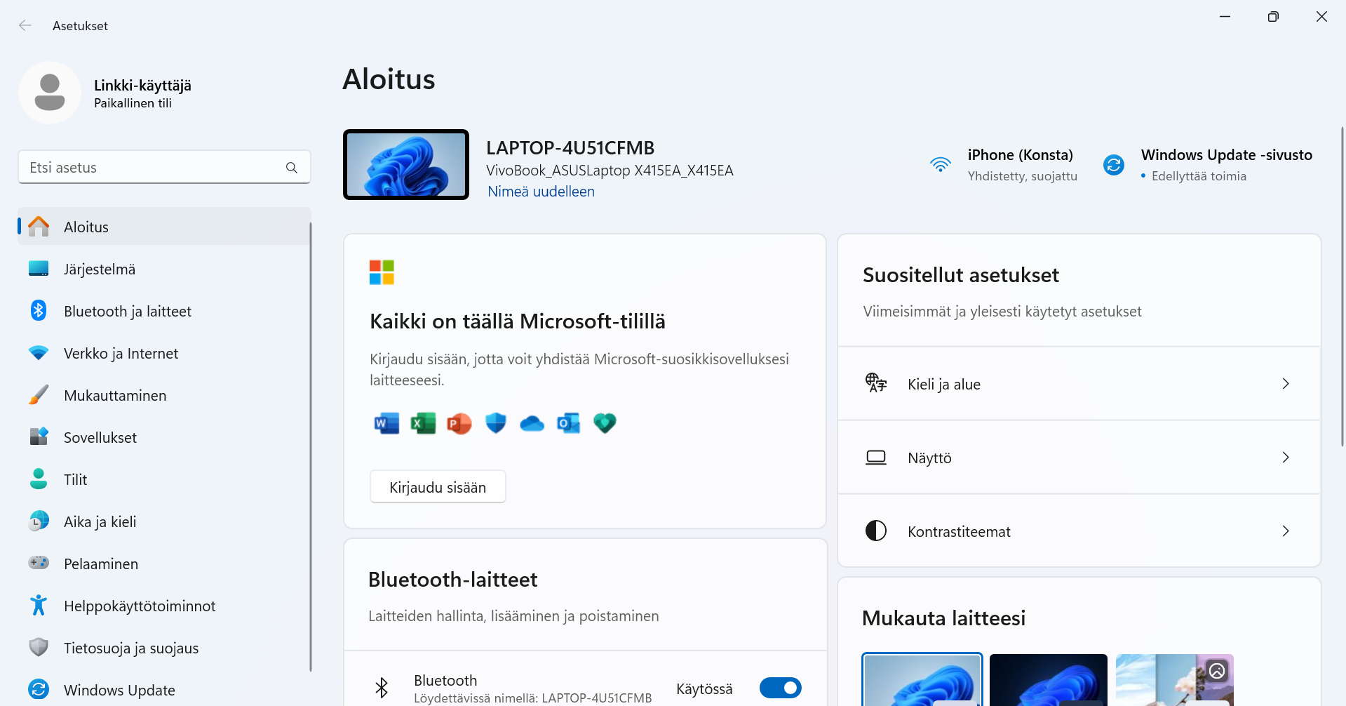 Kuva Asetukset ikkunasta. Asetukset-ikkuna